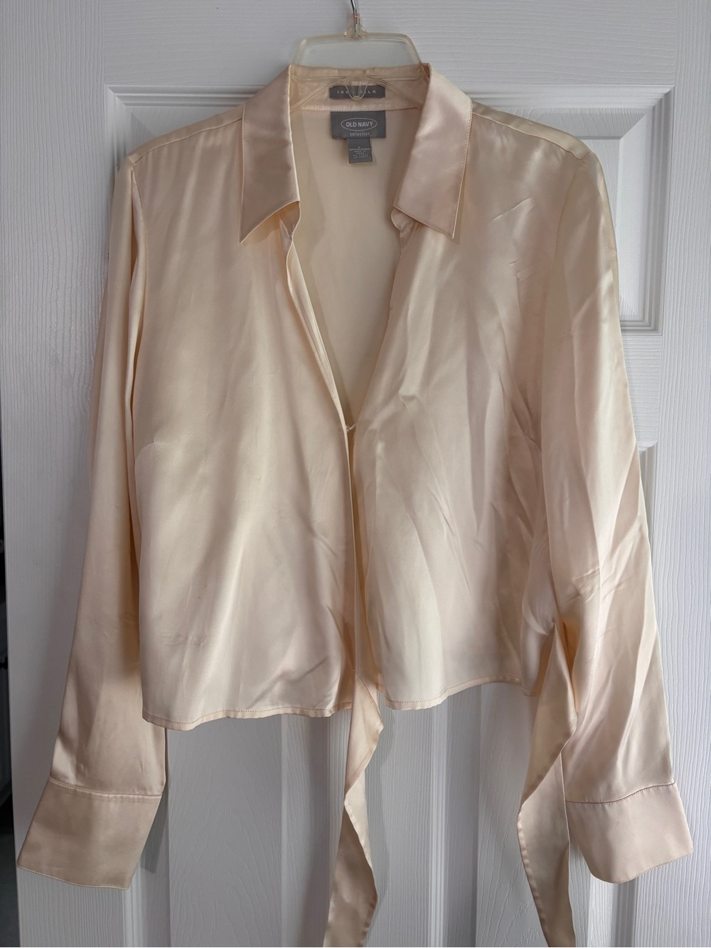 Old Navy 100% Silk Crop Top Cream Ruffle Mandarin Collar Button Up Sz Large